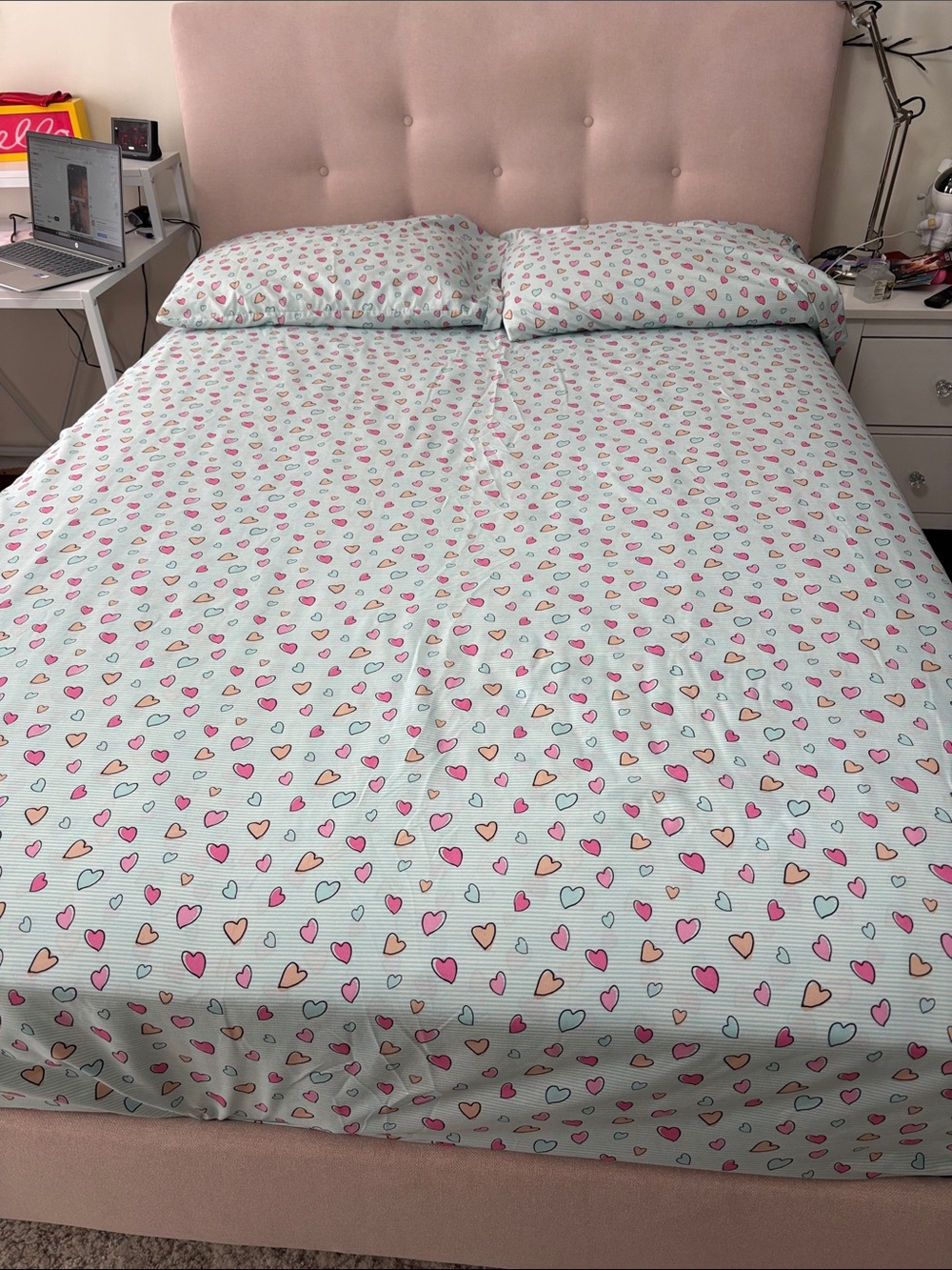 Light Blue Heart-Print Cotton Sheet Set by